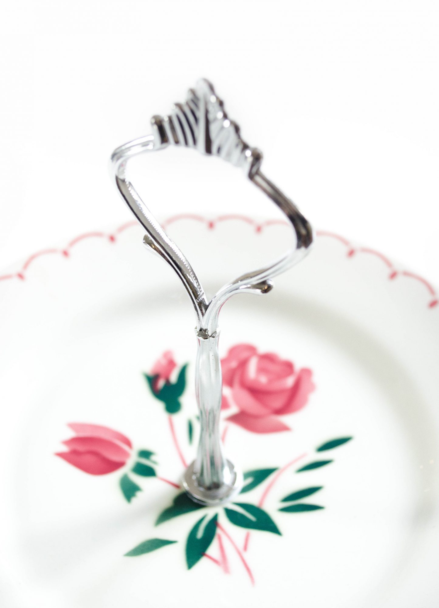 cakestand faience badonviller assiettes roses tige metal